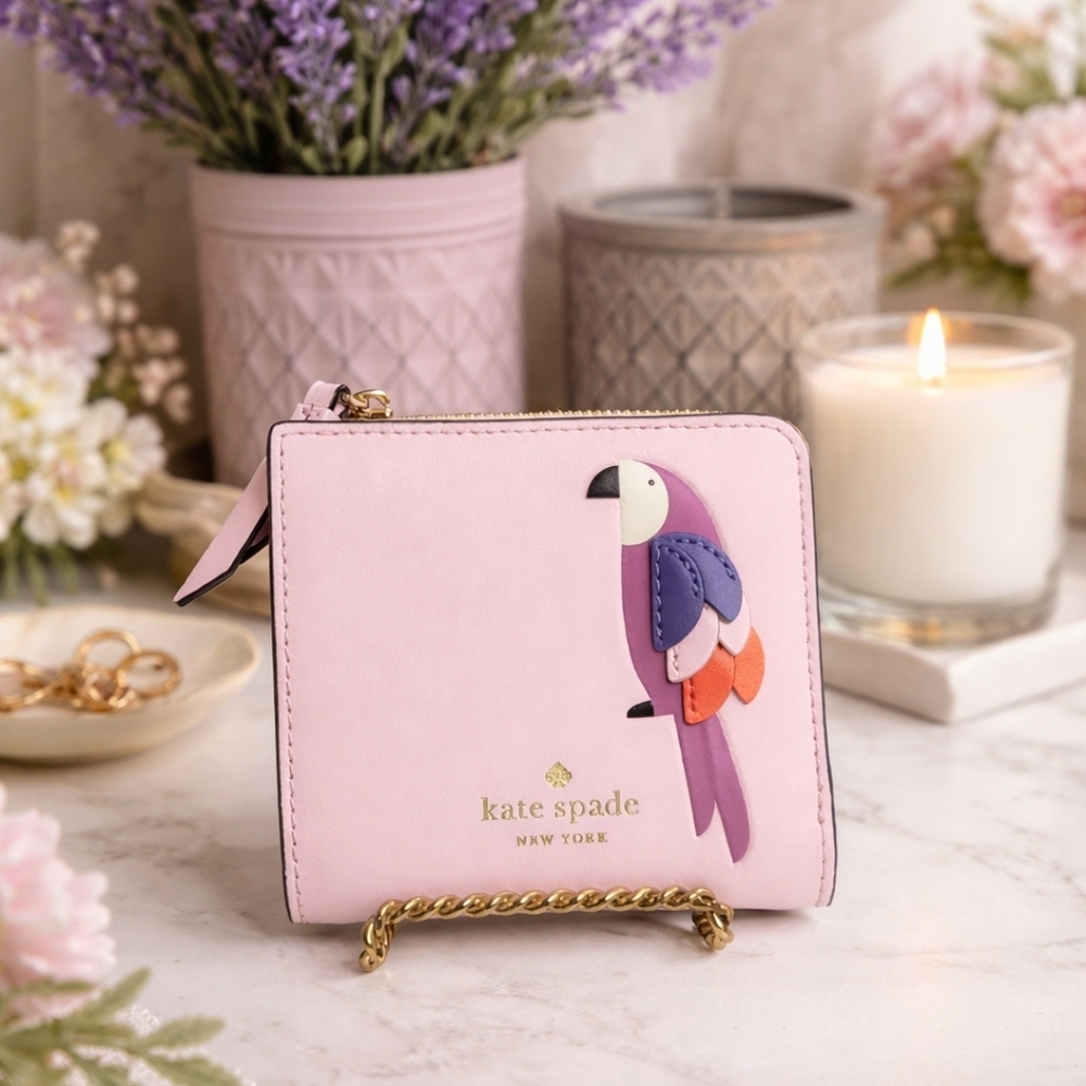Kate Spade Pink Leather Wallet with Parrot Design